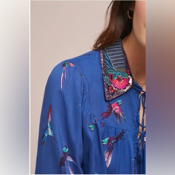 Anthropologie Ranna Gill Audubon Embroidered collared Blouse sequins hummingbird - Picture 4 of 13